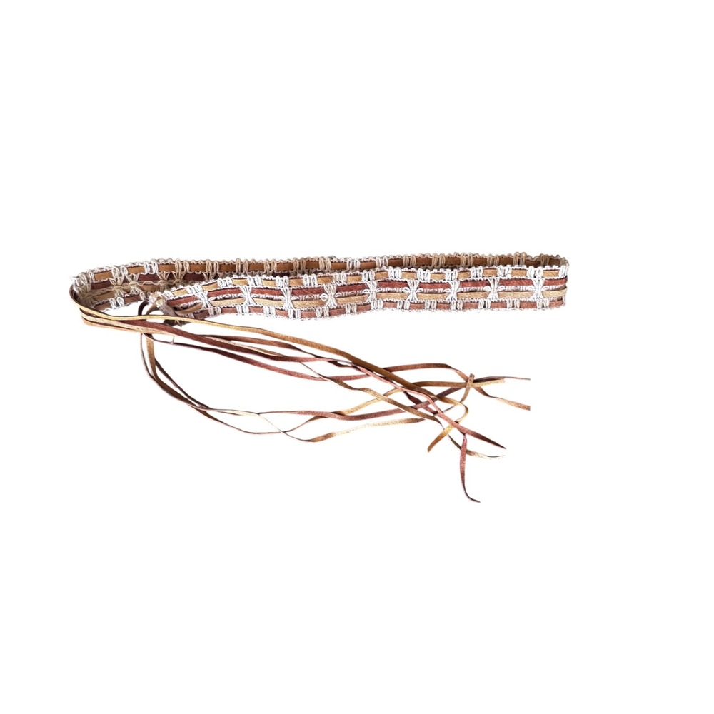 Y2k Woven Leather Macrame Boho Fringe Tie Belt Earthy Brown Tan 1.5 Inch